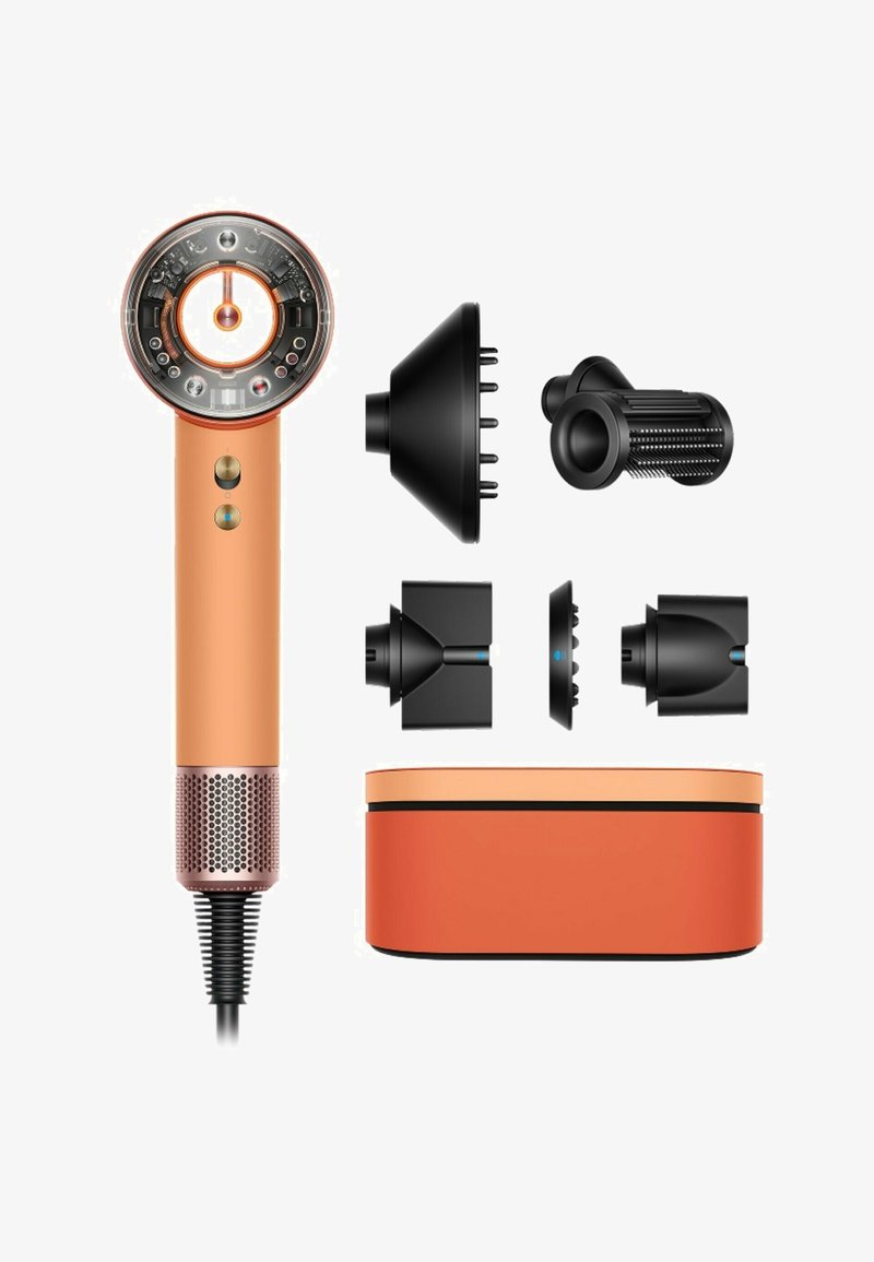 Sleek orange hairdryer with six black styling attachments and matching orange storage case on white background.
