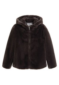 Veste en fausse fourrure marron à zip et capuche, avec une texture douce et une coupe ample. Pas de fermetures ou de poches visibles. Design simple.