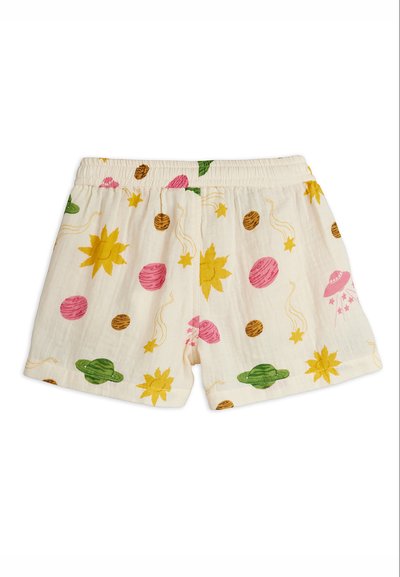Παιδικό σορτς σε κρεμ χρώμα με ελαστική μέση, διακοσμημένο με κίτρινους ήλιους, ροζ πλανήτες, πράσινους δακτυλίους σαν τον Κρόνο και αστέρια.