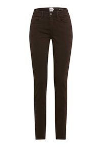 Brune denim jeans med slim fit, fem lommer, lukning med knap på fronten og en glat tekstur. De har bæltestropper og subtile syninger.