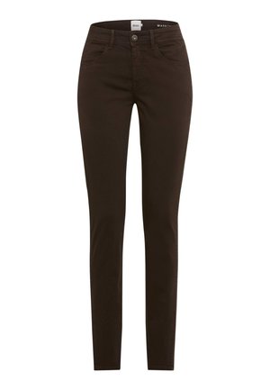 Braune Denim-Jeans im Slim-Fit-Style, mit fünf Taschen, einer Frontknopfverschluss und einer glatten Textur. Sie verfügen über Gürtelschlaufen und dezente Nähte.