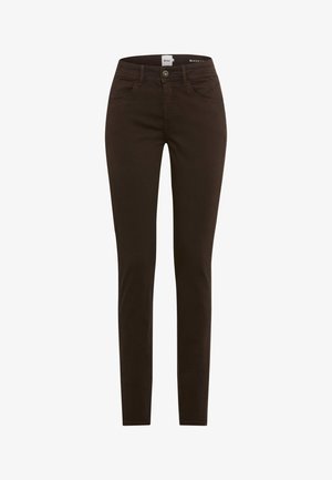 Braune Denim-Jeans im Slim-Fit-Style, mit fünf Taschen, einer Frontknopfverschluss und einer glatten Textur. Sie verfügen über Gürtelschlaufen und dezente Nähte.