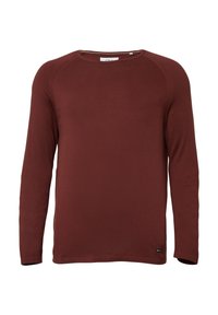 Langärmliges Hemd in tiefem Weinrot, aus weichem Stoff gefertigt; verfügt über einen Rundhalsausschnitt und dezente Nahtdetails entlang der Schultern.