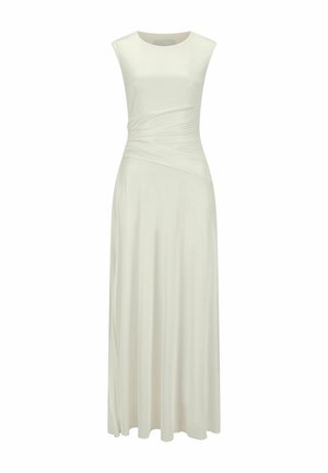 Witte mouwloze maxijurk met een ronde hals, met een gerimpelde textuur bij de taille en een vloeiende A-lijn rok. Glad stof.