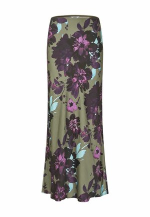 Lang olijf groene rok met grote paarse en zwarte bloemenprint en lichtblauwe bladvormen.