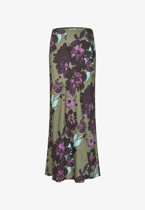 Long olive green skirt with large purple and black floral print and light blue leaf accents.
