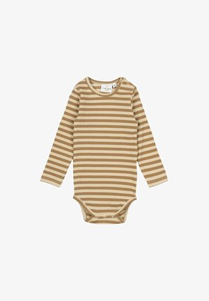 Langärmliger gerippter Babyschnuller mit abwechselnd hell- und dunkelbraunen Streifen, runder Halslinie und Druckknopfverschluss an der Unterseite.