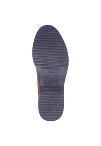Scarpa marrone con suola in gomma testurizzata caratterizzata da scanalature orizzontali e verticali, che offrono trazione e durabilità. Logo impresso sulla suola.