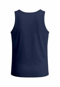 Dunkelblaues Tanktop, von hinten gezeigt, mit Rundhalsausschnitt und ärmellosem Design, vor einem schlichten weißen Hintergrund.