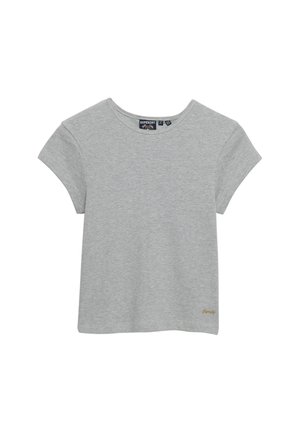 T-shirt en coton gris clair à manches courtes avec un col rond et un petit logo doré "Superdry" en bas de l'ourlet.