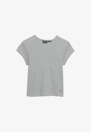 T-shirt en coton gris clair à manches courtes avec un col rond et un petit logo doré "Superdry" en bas de l'ourlet.