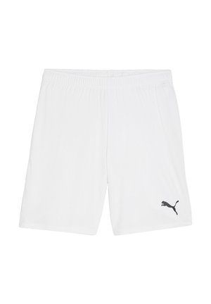 Białe spodenki sportowe wykonane z lekkiego materiału, z elastycznym pasem i czarnym logo Pumy na dolnym lewym boku.
