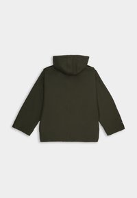 Olive zielona, oversize kurtka z kapturem, z długimi rękawami i prostym krojem. Wykonana z gładkiego materiału bez widocznych zapięć.