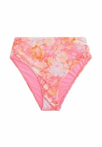 Rozā bikini apakšdaļa ar oranžiem un baltajiem ziedu rakstiem, gluda auduma, augstā vidukļa dizains un savilkta apdare sānos.