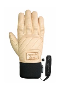 Beige leren handschoen met een gequilte patroon op de achterkant, elastische zwarte manchet en een merklabel. Verstevigde stikdetails zijn zichtbaar.