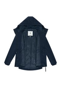 Veste d'hiver à capuche bleu marine avec doublure matelassée intérieure, fermeture éclair intégrale et boutons, et des manches longues avec poignets à revers.