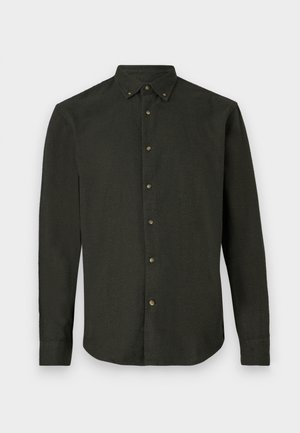Dark green long-sleeve button-up shirt with a pointed collar and buttoned cuffs, displayed on a white background.