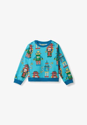 Blaues Sweatshirt mit Roboterdruck, das mehrere bunten Roboterdesigns und Akzenten zeigt. Hergestellt aus weichem Stoff mit gerippten Bündchen und Ausschnitt.