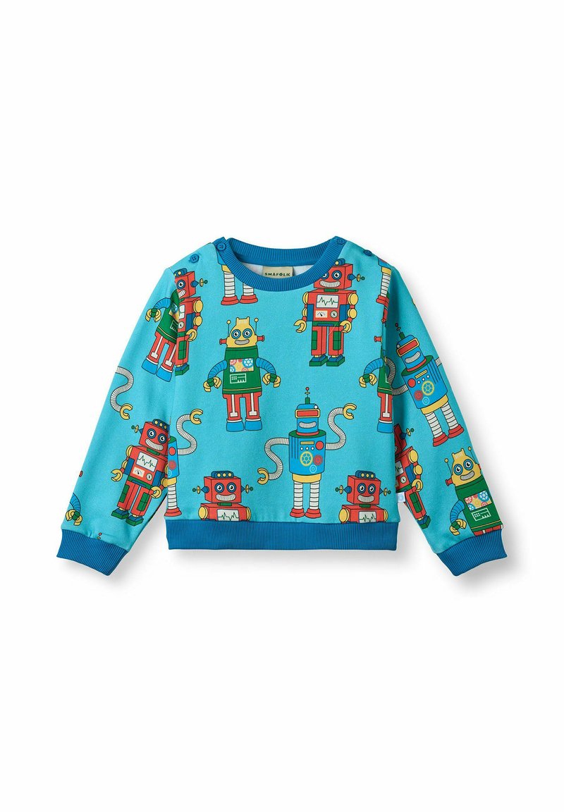 Felpa blu con stampa di robot, caratterizzata da numerosi design di robot colorati e dettagli. Realizzata in tessuto morbido con polsini e scollatura a costine.