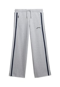 Grijze wijde sweatpants met marineblauwe zijstrepen, elastische tailleband, trekkoordsluiting en twee zijzakken. "Superdry" logo op de heup.