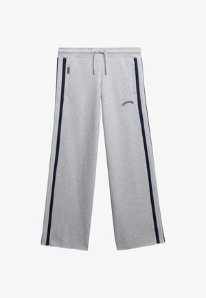 Gray wide-leg sweatpants with navy side stripes, elastic waistband, drawstring closure, and two side pockets. "Superdry" logo at hip.