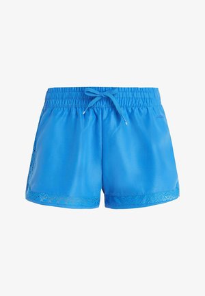 Pantaloni sportivi di un blu brillante con elastico in vita e cordino. I pannelli laterali in rete presentano un delicato motivo a intaglio. Texture liscia.