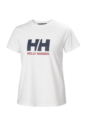 Camiseta blanca de manga corta con un gran logo azul marino "HH" y un texto más pequeño en rojo que dice "Helly Hansen" centrado en el pecho.
