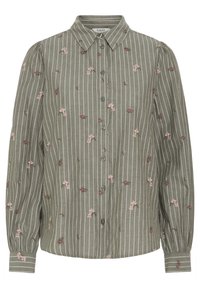 Camisa de manga larga a rayas verdes con bordado floral. Cuenta con un cierre frontal de botones, cuello y hombros fruncidos para mayor volumen.