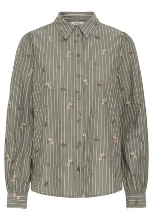 Camicia a maniche lunghe a righe verdi con ricami floreali. Presenta una chiusura a bottoni frontale, colletto e spalle arricciate per volume.