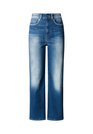 Blauwe denim spijkerbroek met hoge taille, subtiele vervaging op de voorkant van de dijen, rechte brede pijpen, voor knoop- en ritssluiting, en een ontwerp met vijf zakken.