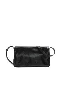 Borsa a tracolla in pelle nera con una texture liscia, forma rettangolare, tracolla sottile e tre distinti bottoni rotondi sul davanti.