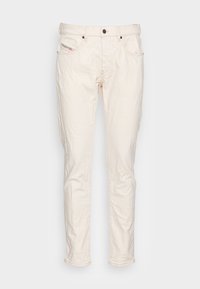 Beige bavlněné kalhoty se slim fit střihem. Obsahují pět kapes, zapínání na knoflík a jemné detaile ve stehu. Hladká textura, neformální design.