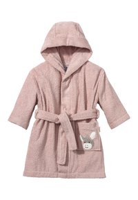 Light pink hooded bathrobe made of fluffy terry cloth, featuring a tie belt and a pocket with an embroidered donkey face design.