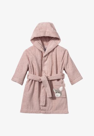 Light pink hooded bathrobe made of fluffy terry cloth, featuring a tie belt and a pocket with an embroidered donkey face design.