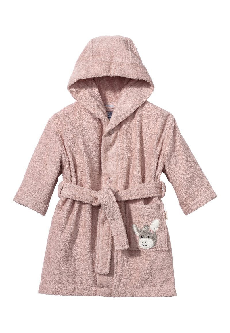 Light pink hooded bathrobe made of fluffy terry cloth, featuring a tie belt and a pocket with an embroidered donkey face design.