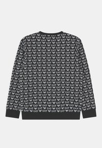 Black sweatshirt featuring an all-over repeated EA7 logo pattern, crew neckline, and ribbed cuffs. Made from soft, lightweight material.