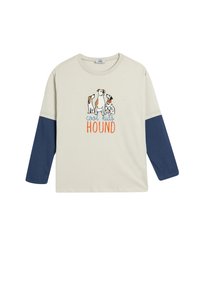 Jasnobeżowa koszulka z długim rękawem z granatowymi rękawami, z grafiką przedstawiającą trzy psy oraz napisem "cool kids HOUND" w pomarańczowym i niebieskim kolorze.