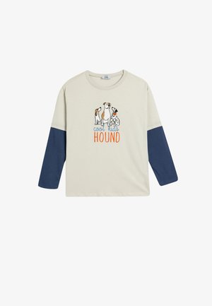 Light beige long-sleeve t-shirt with navy sleeves, featuring a graphic of three dogs and the text "cool kids HOUND" in orange and blue.