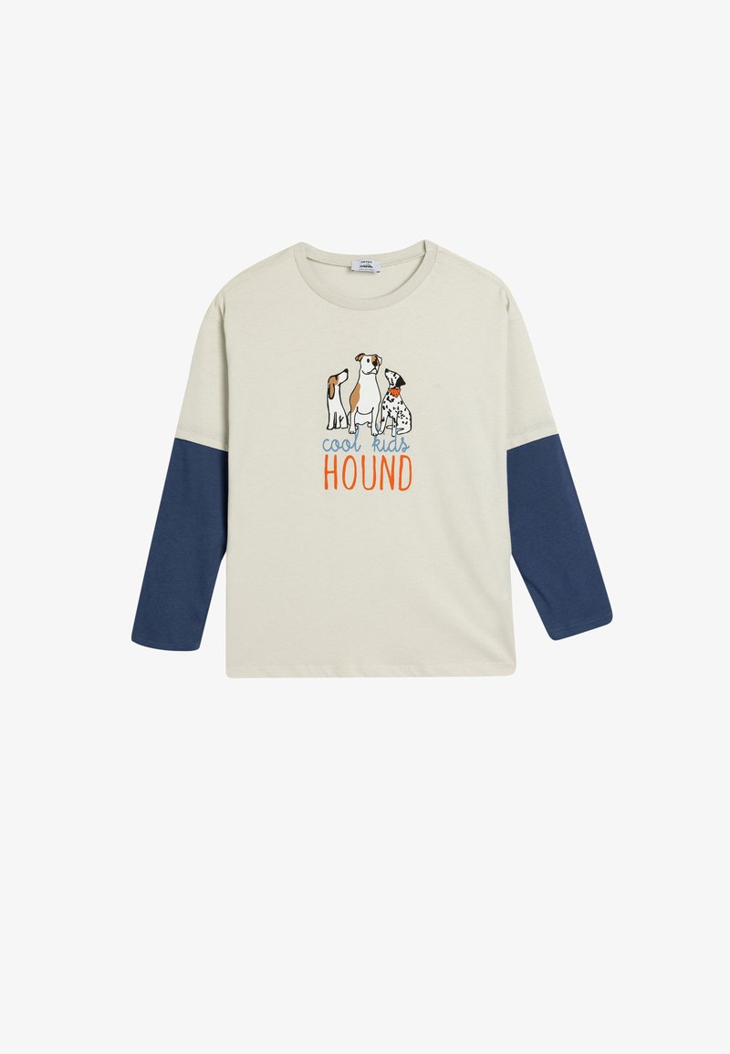 Jasnobeżowa koszulka z długim rękawem z granatowymi rękawami, z grafiką przedstawiającą trzy psy oraz napisem "cool kids HOUND" w pomarańczowym i niebieskim kolorze.