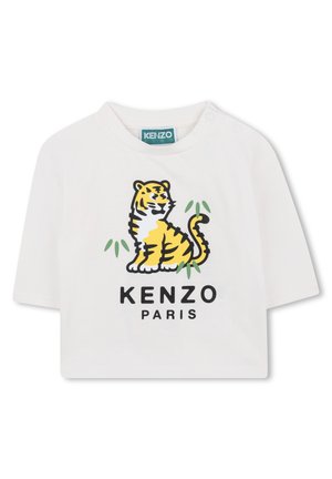 Witte T-shirt met korte mouwen van katoen, met een kleurraf tigergrafiek en de tekst "KENZO PARIS" in vet zwart eronder.