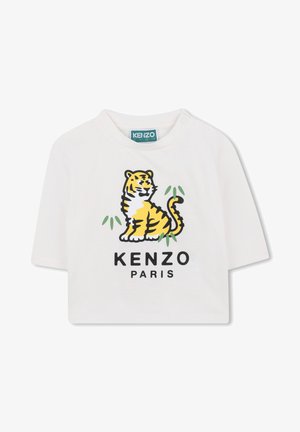 Witte T-shirt met korte mouwen van katoen, met een kleurraf tigergrafiek en de tekst "KENZO PARIS" in vet zwart eronder.