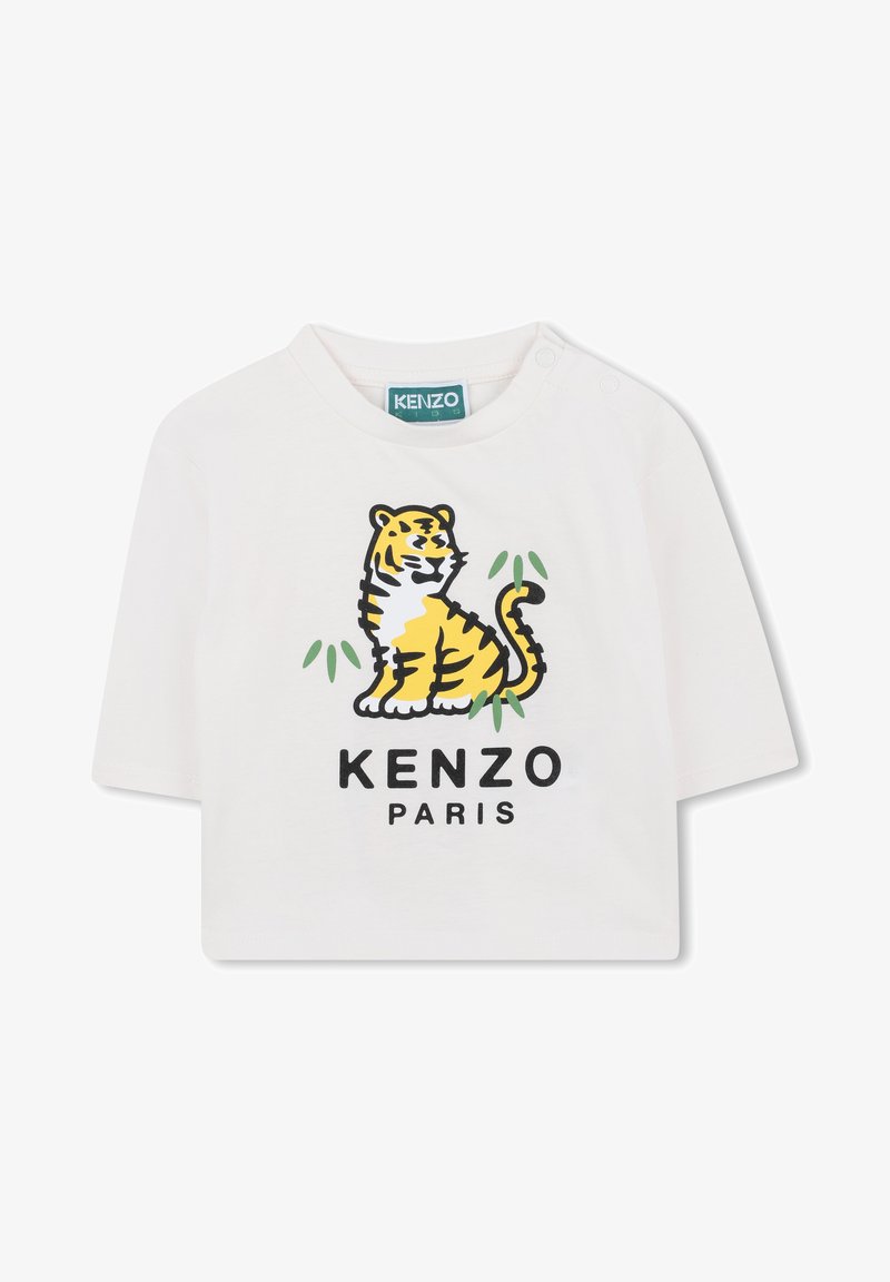 T-shirt blanc à manches courtes en coton avec un graphique de tigre coloré et le texte "KENZO PARIS" en noir en dessous.