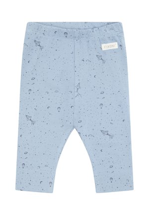 Hellblaue Baby-Leggings mit elastischem Bund, verziert mit kleinen dunkelblauen weltraumbezogenen Motiven, darunter Raketen, Sterne, Planeten und Heißluftballons.