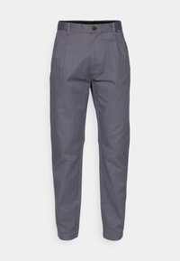 Gray cotton trousers with a straight leg design, featuring a button closure, front pockets, and a smooth texture.
