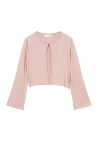 Light pink cropped cardigan with three-quarter sleeves, featuring a round neckline and a front keyhole opening, made from soft knit fabric.