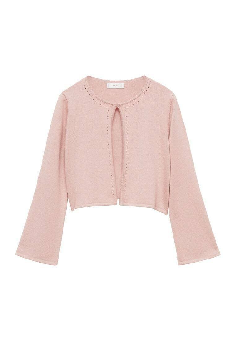 Light pink cropped cardigan with three-quarter sleeves, featuring a round neckline and a front keyhole opening, made from soft knit fabric.