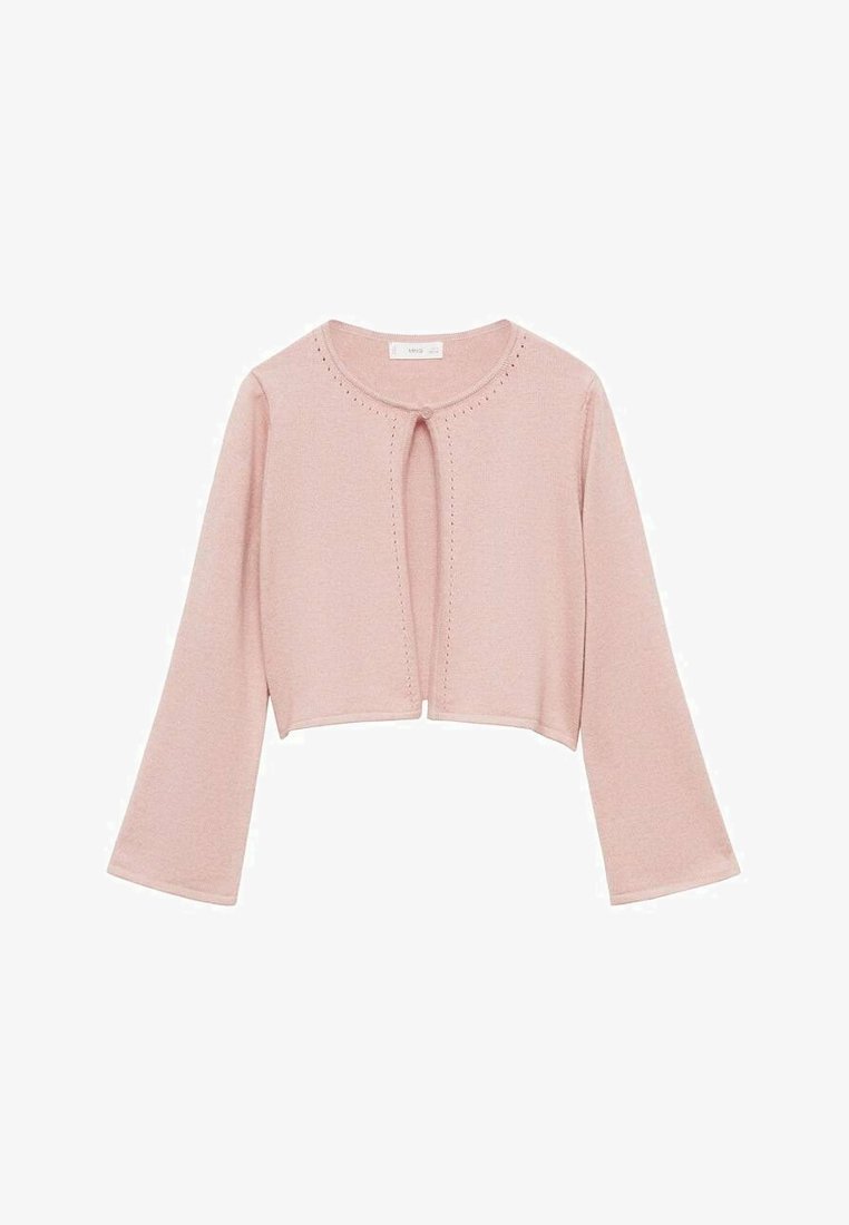 Light pink cropped cardigan with three-quarter sleeves, featuring a round neckline and a front keyhole opening, made from soft knit fabric.