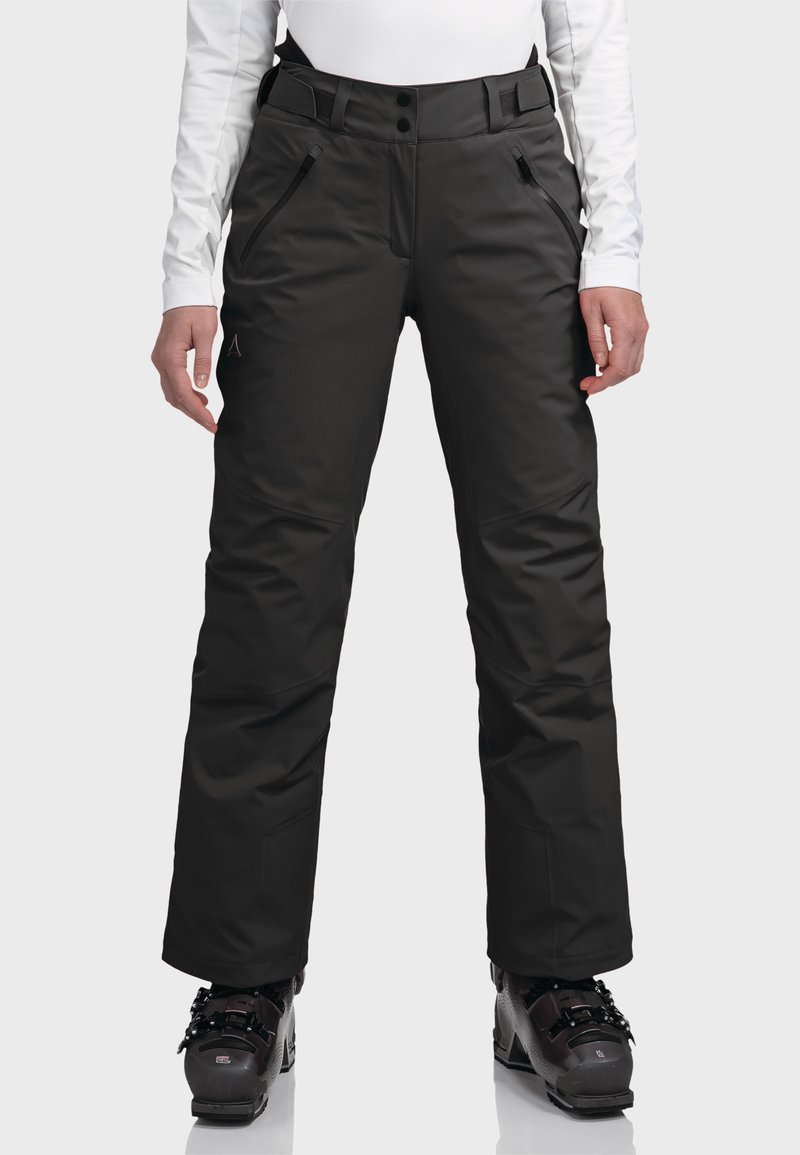 Schwarze Schneehosen mit geradem Schnitt, zwei seitlichen Taschen, verstellbarem Bund und verstärkten Säumen. Glattes, wasserabweisendes Material.