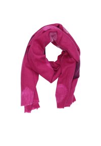 Sciarpa rosa realizzata in morbido tessuto, caratterizzata da diverse trame e motivi, con bordi frangiati e un design leggero.