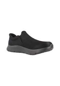 Zapatos negros tipo slip-on con parte superior de malla texturizada, paneles laterales elásticos y una suela acolchada con un diseño curvado y ligero.
